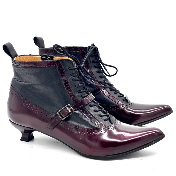 John Fluevog The Bronte Burgundy Black Leather Ankle Boots - Picture 2 of 8